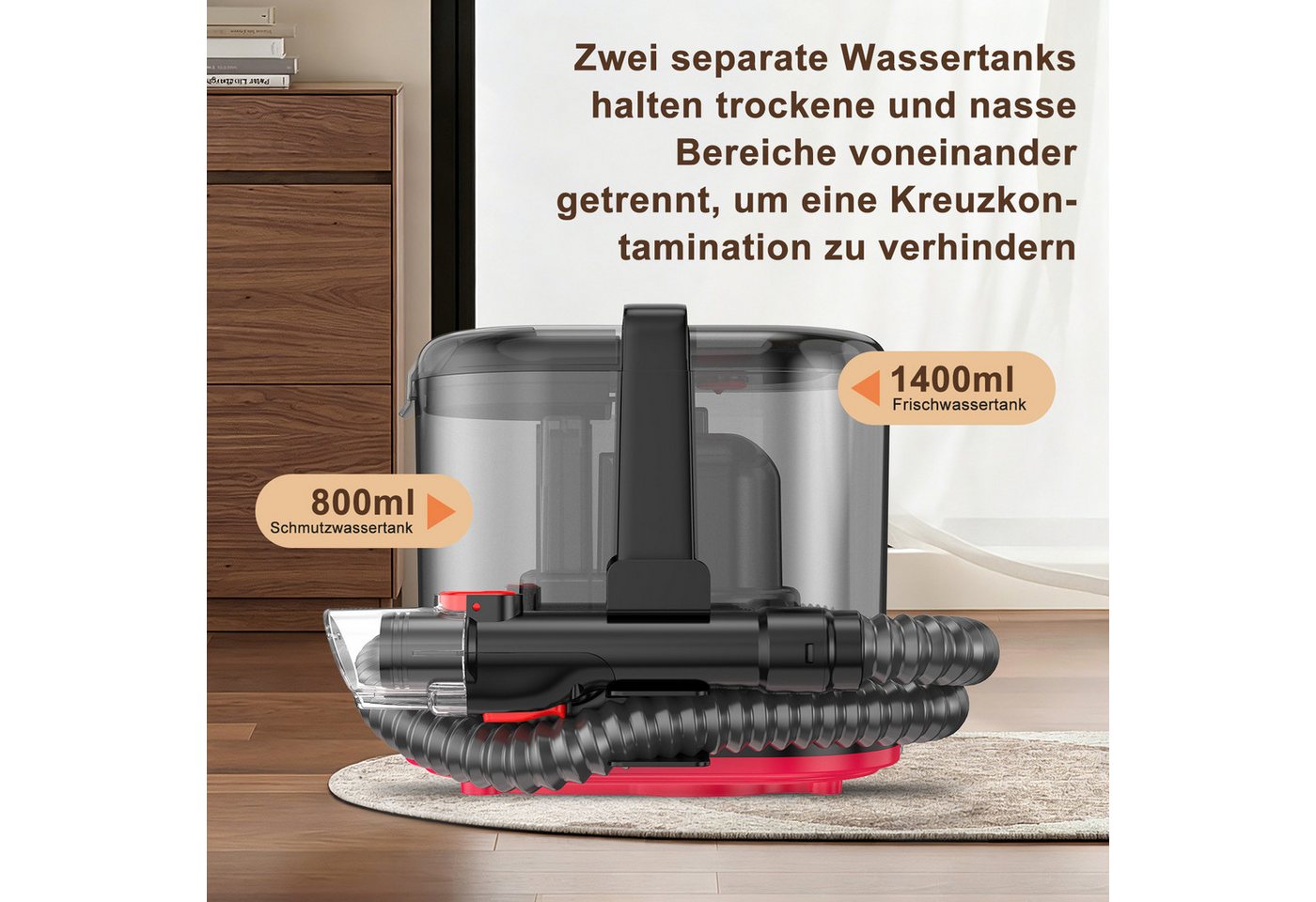 VacniQ Teppichreinigungsgerät Waschsauger 25000Pa Saugkraft, Teppichreiniger, 600W/1800W, Polsterreiniger Gerät, für Sofas,Teppiche,Auto,Matratze Bild 3