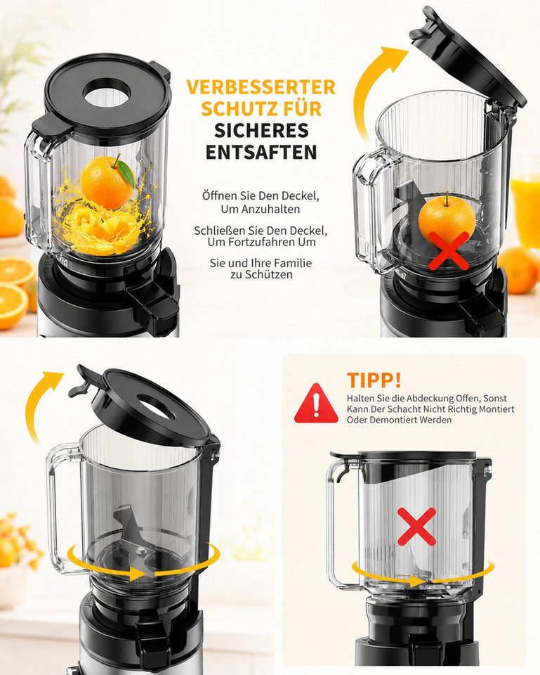 Fyrove Slow Juicer Entsafter Gemüse und Obst Testsieger, 2L mit 140mm XL-Einfüllschacht, 400 W, Elektrische Juicer Machine für Familien mit 2 Gläsern