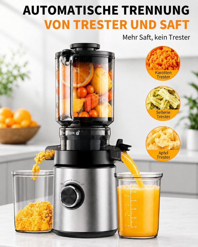 Fyrove Slow Juicer Entsafter Gemüse und Obst Testsieger, 2L mit 140mm XL-Einfüllschacht, 400 W, Elektrische Juicer Machine für Familien mit 2 Gläsern Bild 4