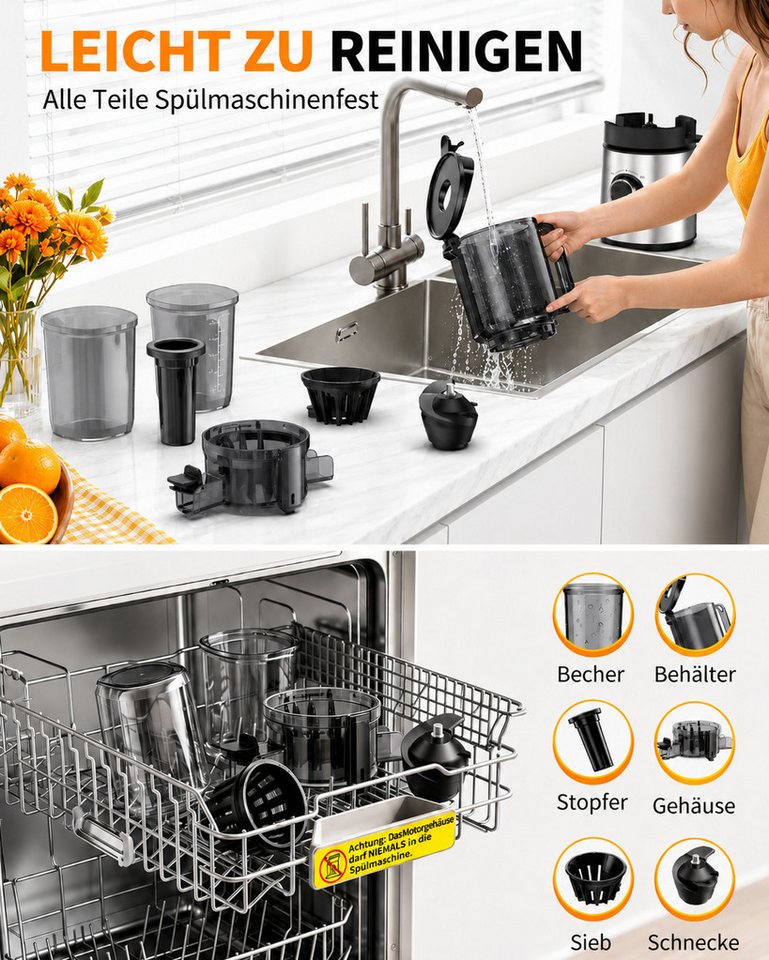 Fyrove Slow Juicer Entsafter Gemüse und Obst Testsieger, 2L mit 140mm XL-Einfüllschacht, 400 W, Elektrische Juicer Machine für Familien mit 2 Gläsern Bild 5