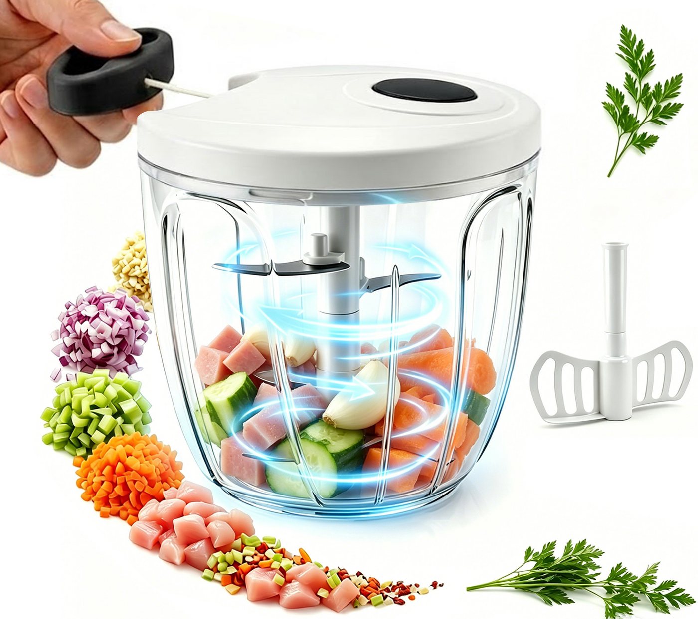 ibettertec Zerkleinerer Manueller Zugseil-Gemüse- & Zwiebelzerkleinerer, 900 ml, Edelstahlklingen I Spülmaschinengeeignet I BPA-frei IRutschfeste Basis Bild 2