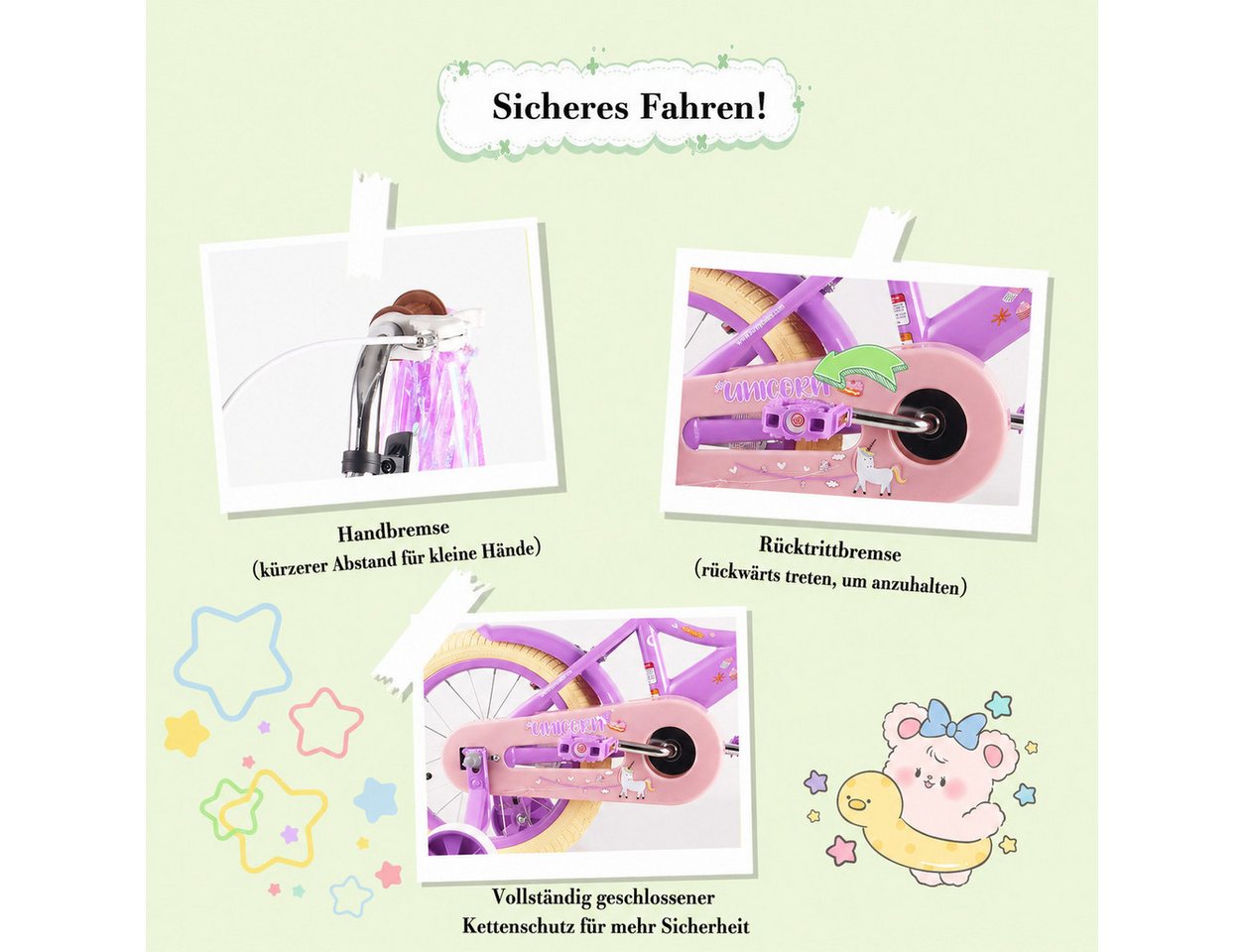 Vankel Kinderfahrrad 12/14/16 Zoll mit Stützrädern, 1 Gang, Für Mädchen 2–7 Jahre mit Korb & Puppensitz Bild 2