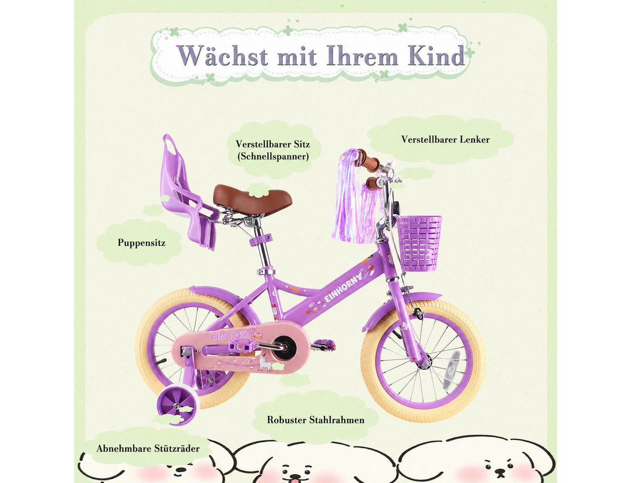 Vankel Kinderfahrrad 12/14/16 Zoll mit Stützrädern, 1 Gang, Für Mädchen 2–7 Jahre mit Korb & Puppensitz Bild 3