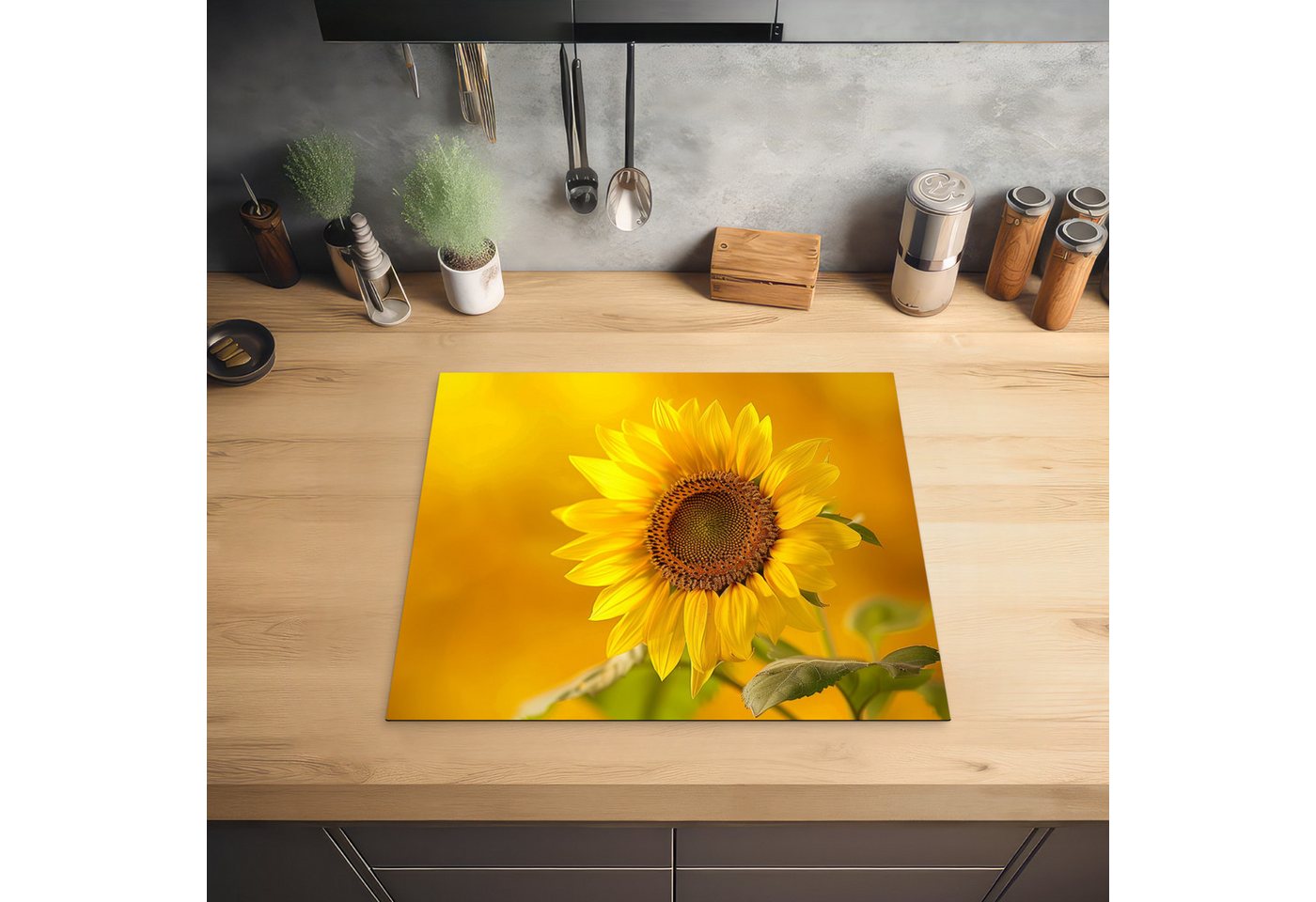 MuchoWow Herd-Abdeckplatte Sonnenblume - Blume - Gelb, Vinyl, (1 tlg), Ceranfeldabdeckung Küche, Herdabdeckplatte Einteilig, 59x51 cm Bild 2