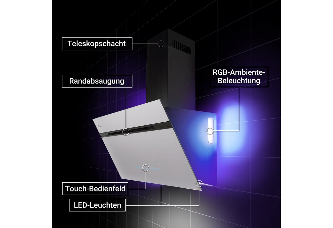 KKT KOLBE Wandhaube Dunstabzugshaube 90cm AURORA9005SW RGBW Ambientebeleuchtung Kopffreihaube / Umluft / Abluft / Smart WiFi-App / Schwarz Weiß / Glas