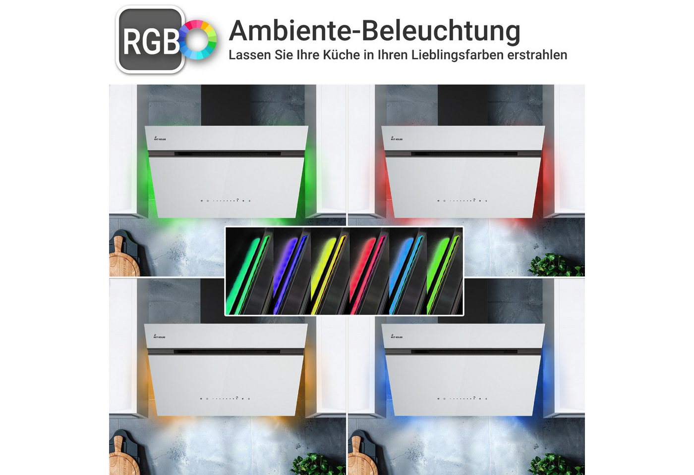 KKT KOLBE Wandhaube Dunstabzugshaube 90cm AURORA9005SW RGBW Ambientebeleuchtung Kopffreihaube / Umluft / Abluft / Smart WiFi-App / Schwarz Weiß / Glas Bild 3