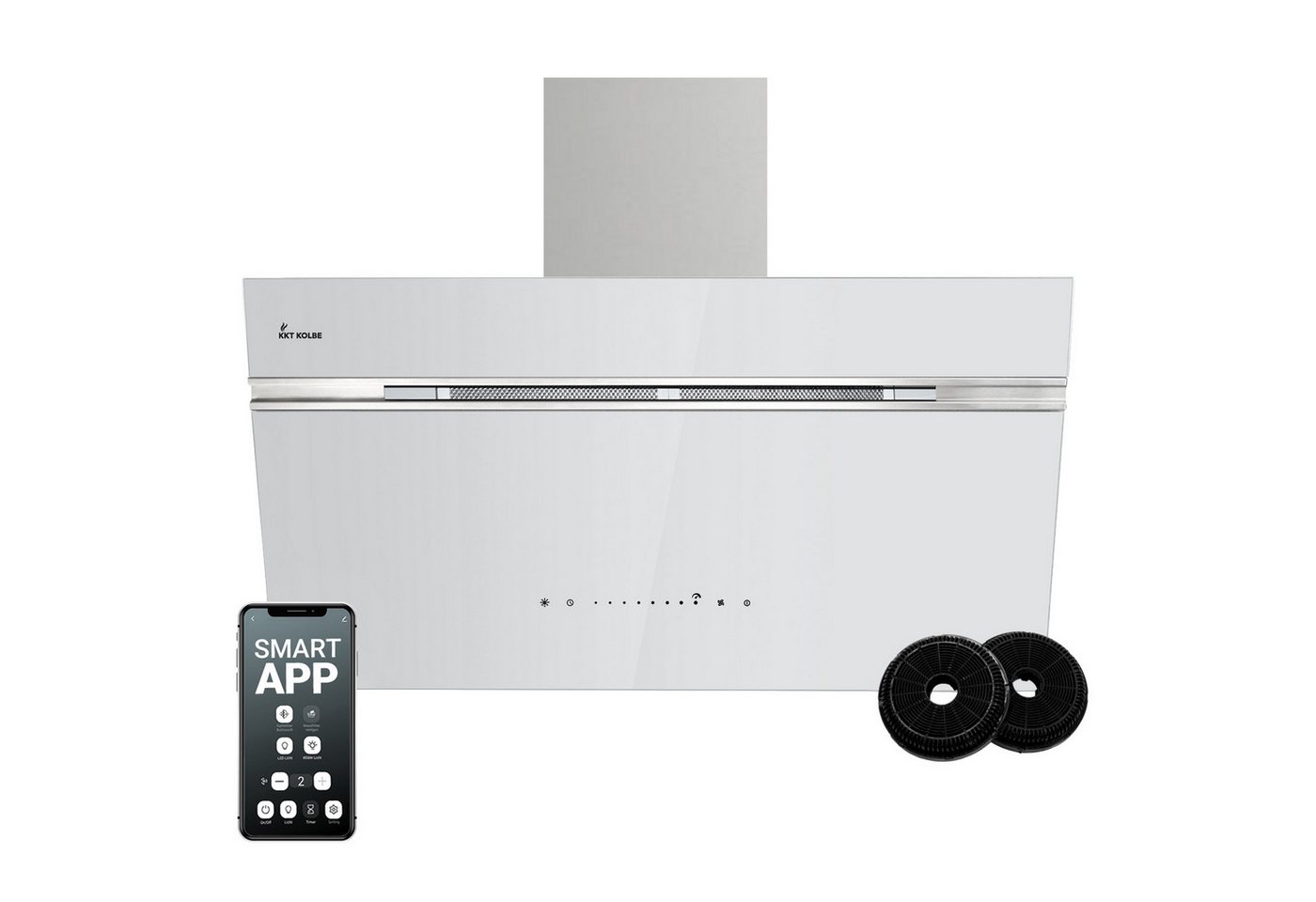 KKT KOLBE Wandhaube Dunstabzugshaube 90cm AURORA9005SW RGBW Ambientebeleuchtung Kopffreihaube / Umluft / Abluft / Smart WiFi-App / Schwarz Weiß / Glas Bild 4