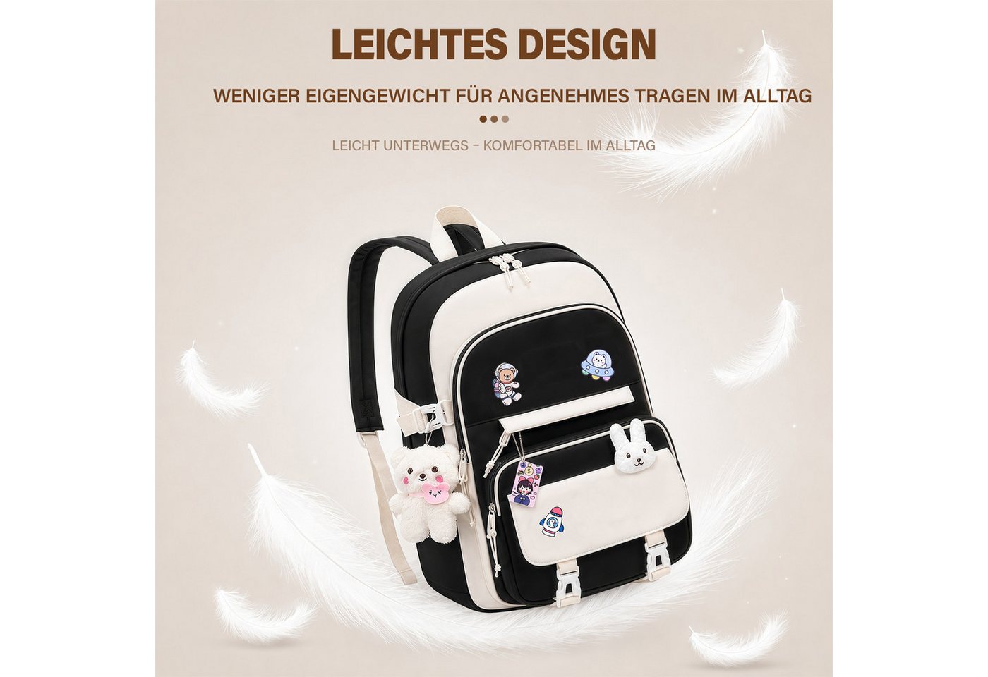 MOPUEA Schulrucksack Schulrucksack mit Laptopfach, leicht, wasserabweisend, gepolstert (Rucksack-Set, 1 Rucksack mit mehreren Fächern und gepolstertem Rücken), Leicht, wasserabweisend, atmungsaktiv, mit Trolleyband