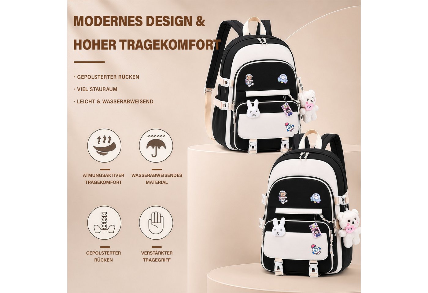 MOPUEA Schulrucksack Schulrucksack mit Laptopfach, leicht, wasserabweisend, gepolstert (Rucksack-Set, 1 Rucksack mit mehreren Fächern und gepolstertem Rücken), Leicht, wasserabweisend, atmungsaktiv, mit Trolleyband Bild 4