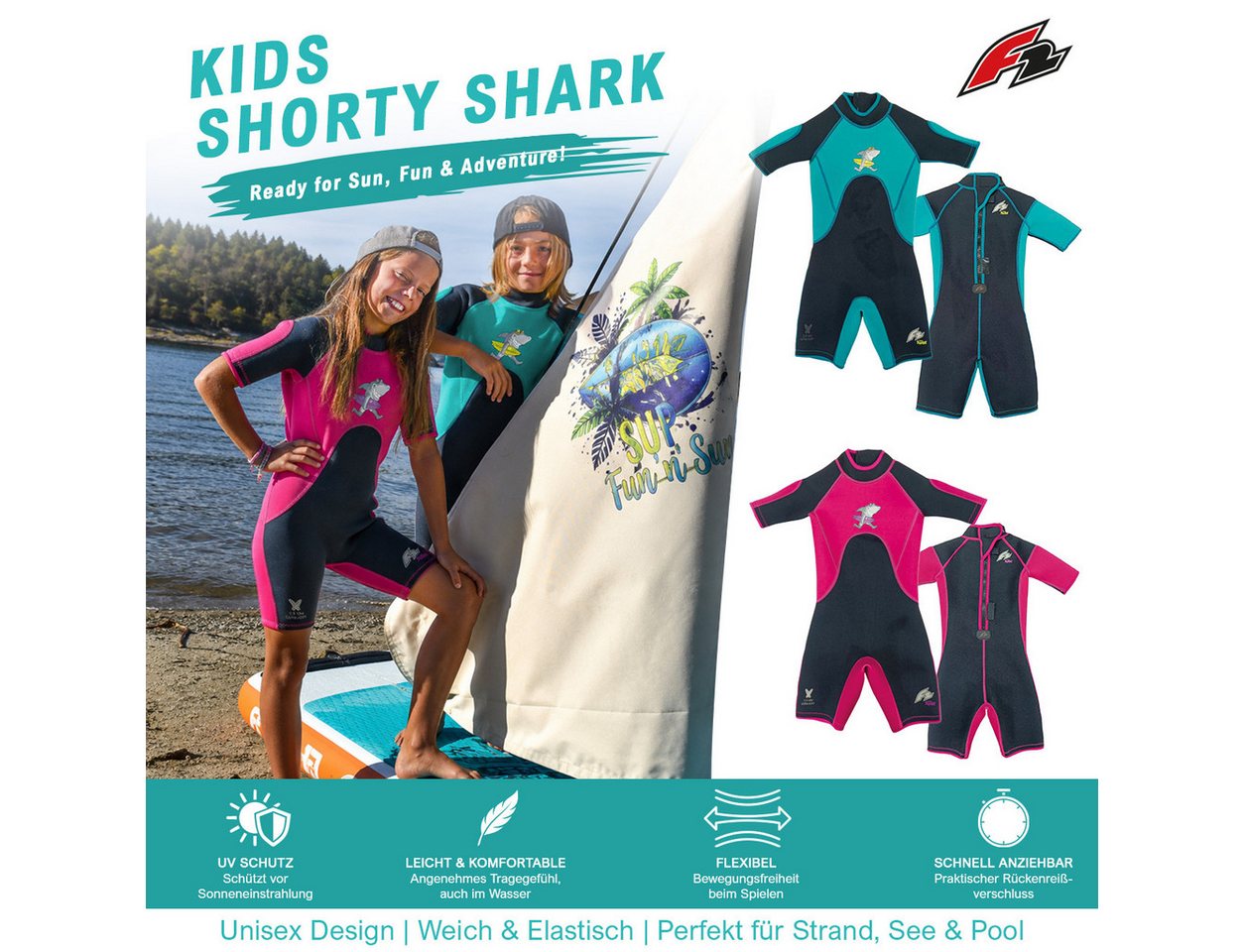F2 Neoprenanzug F2 Junior Neopren Anzug Shark Shorty Kurz 6 yrs Türkis