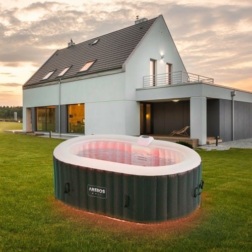 AREBOS Whirlpool mit LED Beleuchtung Aufblasbar In- & Outdoor 190x120 cm oval 2 Personen 90 Massagedüsen mit Heizung 550 Liter Inkl. Abdeckung Bubble