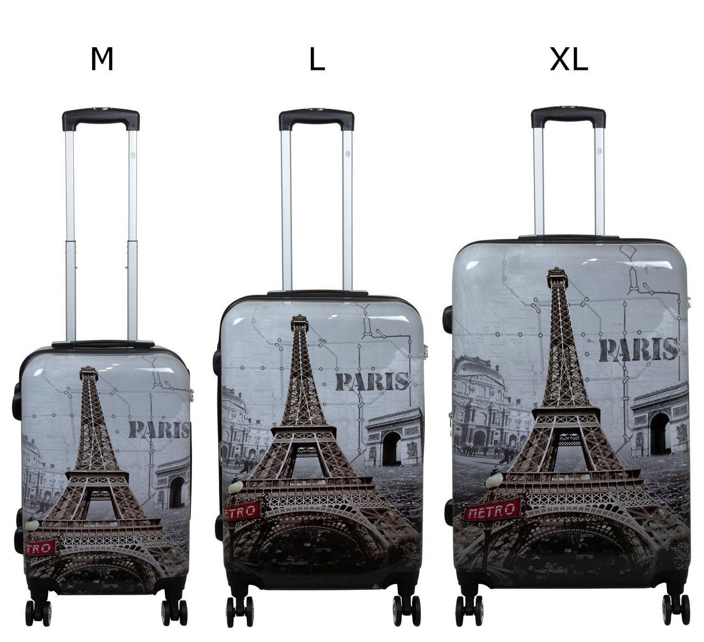 Warenhandel König Trolleyset Paris Eiffelturm, 4 Rollen, (Gr. M, L und XL, 3 tlg., Hartschalen Trolley Set), mit Motiv, Dehnfalte zur Vergrößerung des Packvolumens