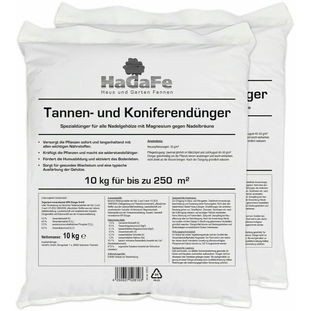 HaGaFe Tannendünger Koniferendünger Lebensbaumdünger Zypressendünger Dünger 20kg (2 x 10 kg)