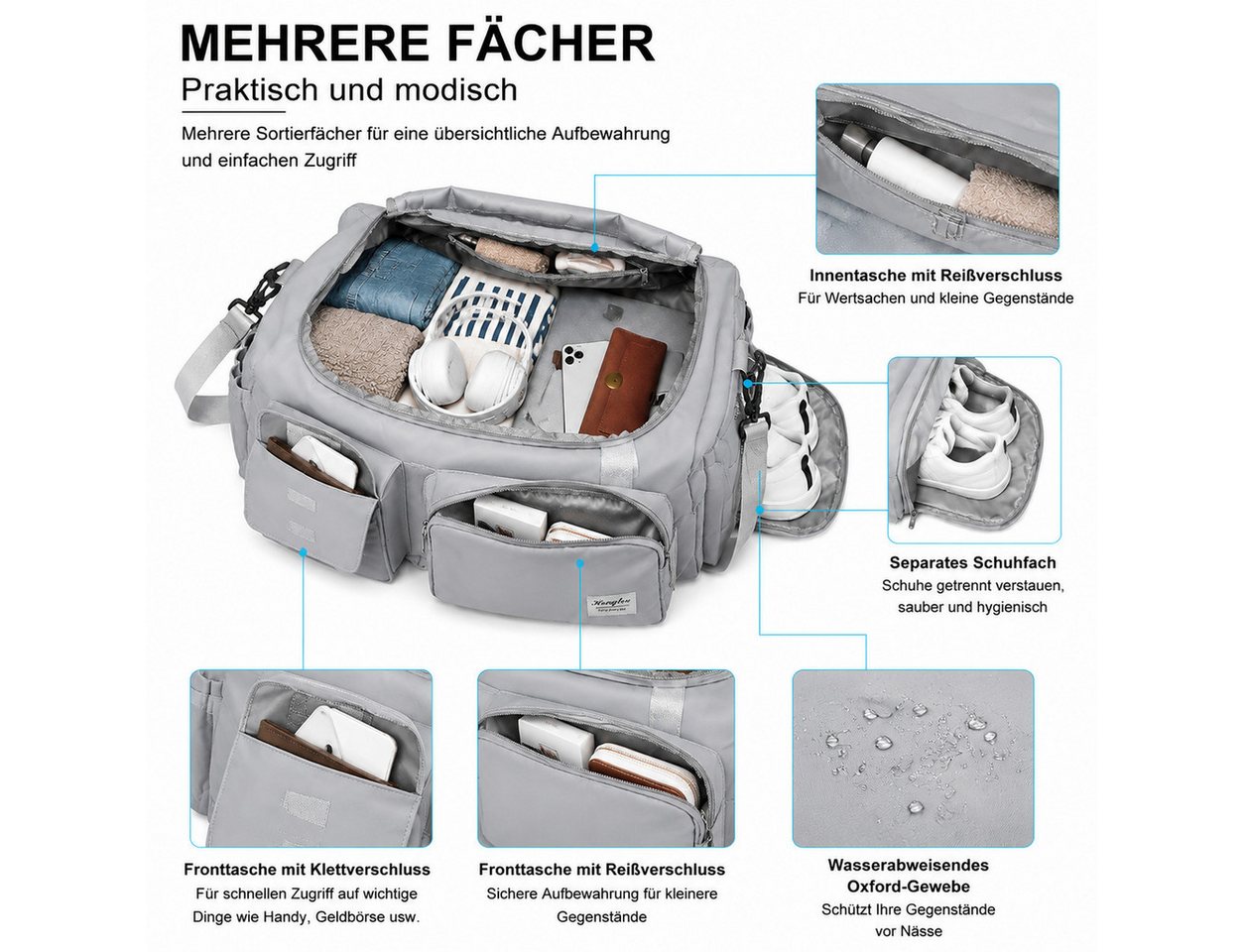 Toomoke Sporttasche Trainingstasche Damen Herren Reisetasche mit Schuhfach Nassfach (XL Reisetasche Fitness Tasche Handtasche, mit Schuhfach Nassfach viele Fächer wasserabweisend Schultergurt), Atmungsaktiv, Abriebfest,Ideal für Wanderungen, Reisen und Sport Bild 5