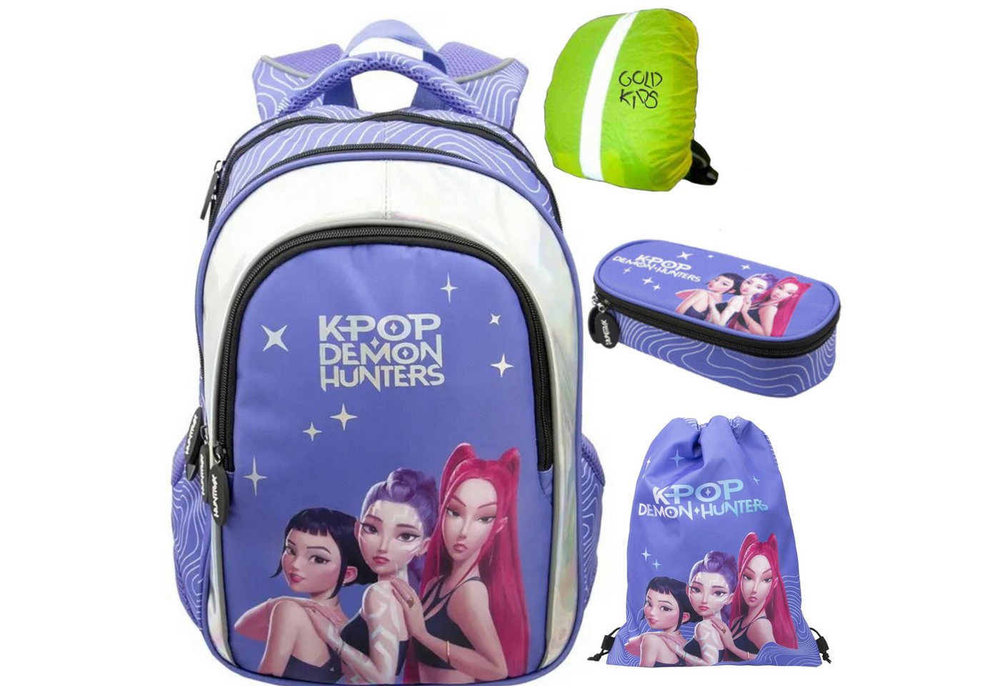 GOLDKIDS Schulranzen für Jungen und Mädchen (Schul-Rucksack für Kinder, 1-tlg., mit Schlampermäppchen, Schuhbeutel, Regenschutz), - K-Pop Demon Hunters Motiv