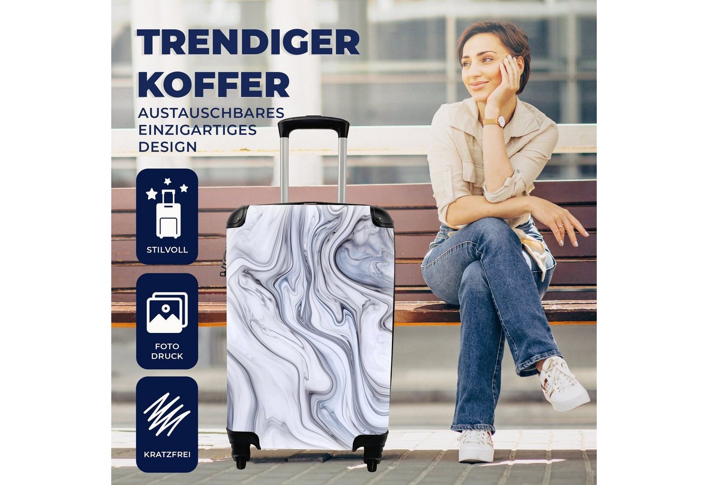 MuchoWow Handgepäckkoffer Marmor - Weiß - Schwarz, 4 Rollen, Handgepäck Trolley Rollkoffer Kleine Reisekoffer mit 4 Rollen - Cabin Size < 55x40x23 & 55x40x20 cm - Fotokoffer - Kabinenkoffer - Boardgepäck