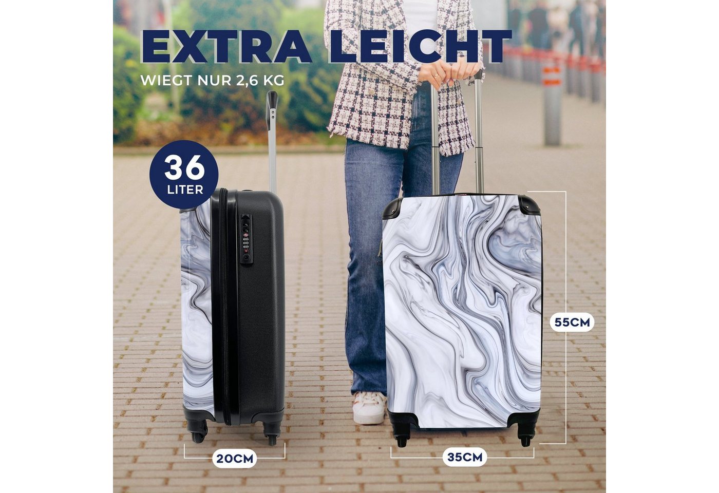 MuchoWow Handgepäckkoffer Marmor - Weiß - Schwarz, 4 Rollen, Handgepäck Trolley Rollkoffer Kleine Reisekoffer mit 4 Rollen - Cabin Size < 55x40x23 & 55x40x20 cm - Fotokoffer - Kabinenkoffer - Boardgepäck Bild 5