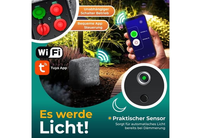 Gartensteckdose Steinoptik mit 4 Steckplätzen - mit WiFi Funktion Steuerung per App - Inkl.Erdspieß Mehrfachsteckdosen aussen mit 3m Verlängerung