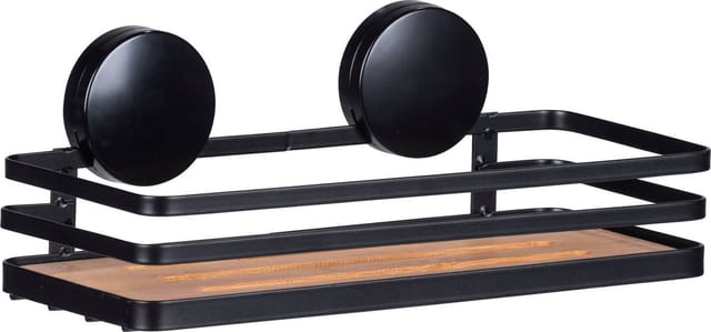 Static-Loc® Wandablage Alba, Badezimmerablage, Schwarz, Stahl schwarz, Bambus natur - schwarz - Wenko