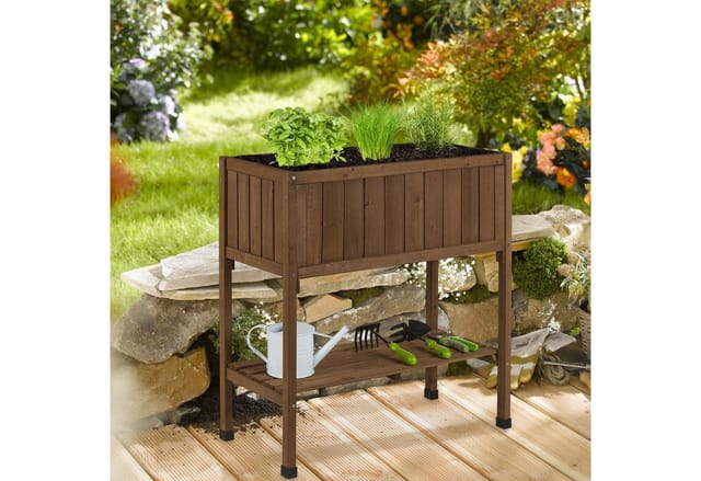 Relaxdays Hochbeet, Folie, Ablage, HxBxT: 80 x 74 x 38 cm, Garten, Balkon & Terrasse, Pflanztisch, Tannenholz, braun