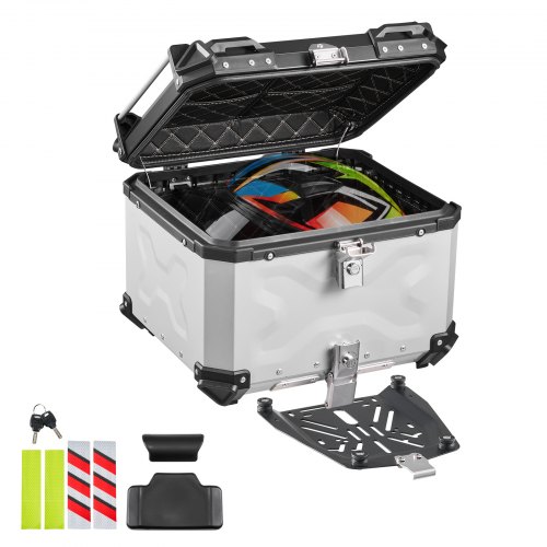 VEVOR Topcase Motorradkoffer 55 L, Universal-Heckkoffer Aluminium, Helmkoffer Wasserdicht, Abnehmbar, mit Sicherheitsschloss, Reflexstreifen, Hartschalen und Lederfutter zur Helmaufbewahrung