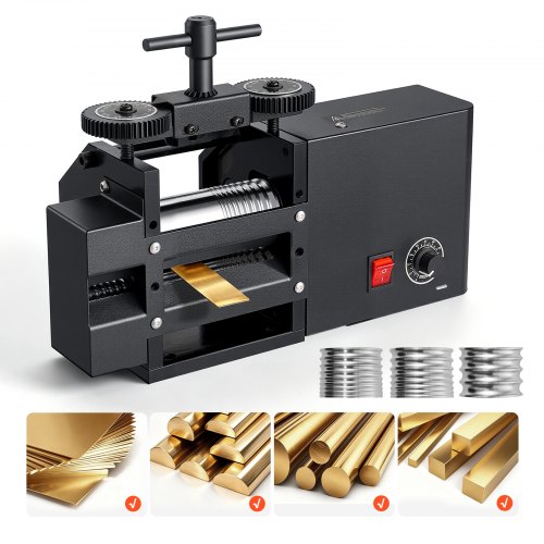 VEVOR Schmuckwalzwerk Elektrisch 60 mm 4-in-1 Rund Flach Vierkant Halbrund, Werkzeug für DIY-Schmuckhersteller, Einstellbare Dicke 0,03–7 mm, zum Pressen von Duktilen Metallen wie Gold Silber Kupfer