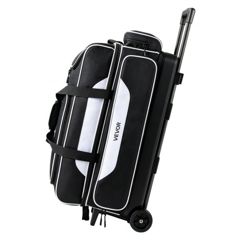 VEVOR Bowlingtasche mit Rollen für 3 Kugeln 600D Oxford Schwarz + Weiß, für Schuhe bis US-Größe 16 und Zubehör, mit Teleskopgriff (bis zu 1016 mm), Doppellagigen Ablagen und Verstärkten Nähten