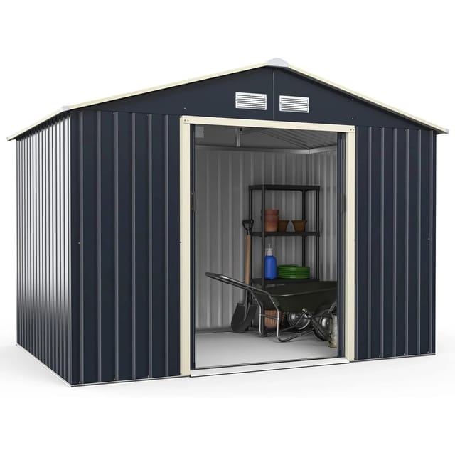 Geraetehaus Metall, Erweitert-277 X 255 X 202 Cm, Geraeteschuppen Abschliessbar, Gartenhaus Mit 4 Luftschlitzen & Schiebetür, Garten Schuppen Für Rasenmaeher Fahrraeder, Metallschuppen Outdoor - Costway