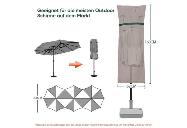 Sekey Schutzhülle mit Stab, Abdeckung für Doppelsonnenschirm mit Kurbel, Marktschirm, 460 x 270 cm, Khaki