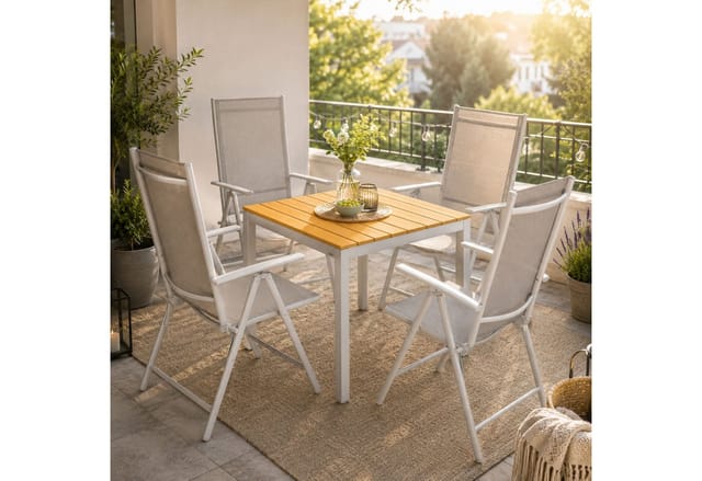 Gartenmöbel Set 4 Stühle mit wpc Tisch 80x80cm Aluminium Sicherheitsglas Wetterfest Klappbar Modern Terrasse Balkon Möbel Sitzgruppe Garnitur Bern