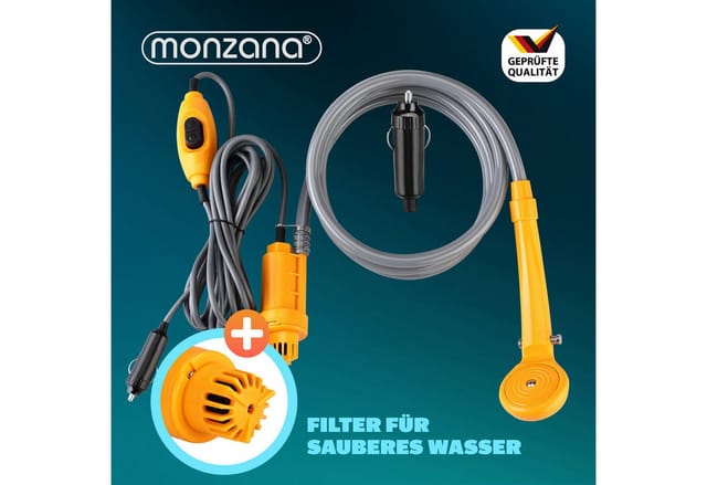 Monzana® Campingdusche 12V KFZ-Adapter Aufbewahrungstasche 2m Schlauch 5m Stromkabel Auto Handbrause Hundedusche Gartendusche Dusche Tauchpumpe