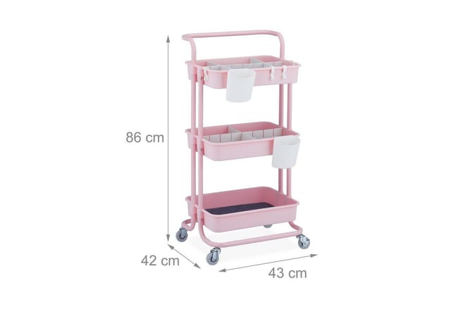 Rollwagen, 3 Etagen, Allzweckwagen, Hobby, Büro, Bad, Küchenwagen hbt: 86x43x42 cm, Metall & Kunststoff, rosa - Relaxdays