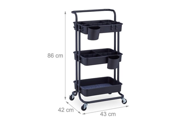 Rollwagen, 3 Etagen, 2 Bremsen, Allzweckwagen für Küche und Büro, Rollregal hbt: 86x43x42 cm, Metall, schwarz - Relaxdays