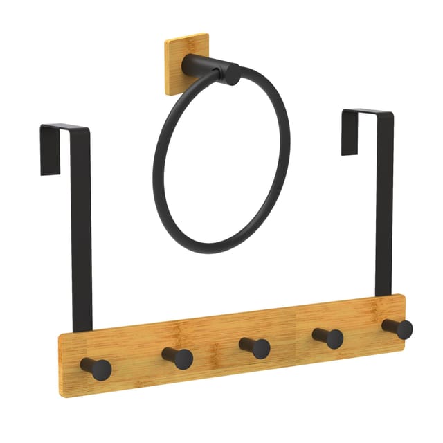 Relaxdays Türgarderobe & Handtuchring, Metall, Bambus, Türhaken zum Einhängen, Handtuchhalter ohne Bohren, schwarz/natur