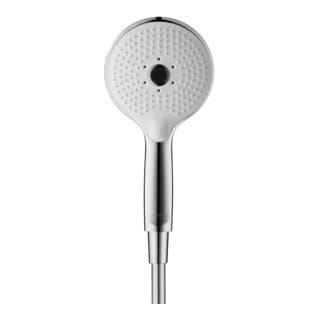 Duschkopf Duravit Universal, mit 3 Strahlarten (Rain, Pulse, Mono), rund (ø 120 mm), reinigungsfreundlich, Chrom/Weiß