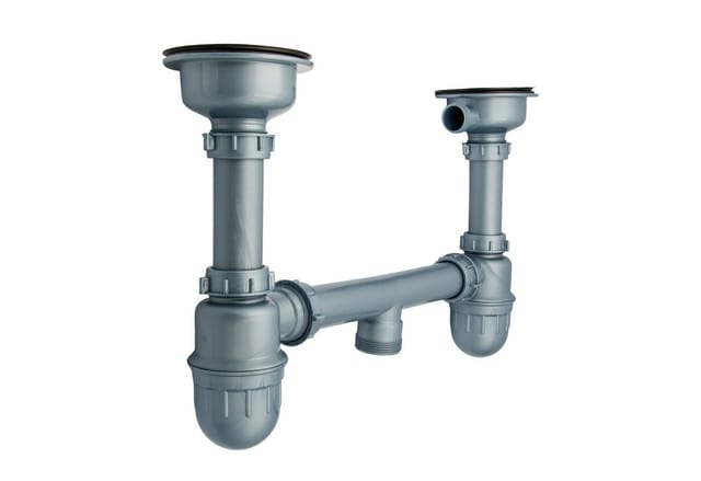 Stabilo-sanitaer - Siphon mit Ablaufgarnitur 1 1/2 Zoll Edelstahl für Doppelwaschbecken