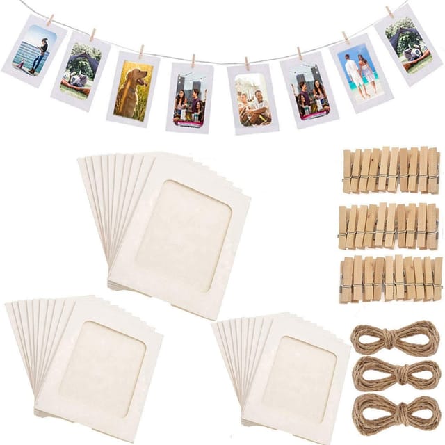 30 Stück 10 x 15 Papier-Bilderrahmen mit Holzklammern und Pappschnur zum Aufhängen, 4 x 6 Bilderrahmen für Wanddekoration (weiß)
