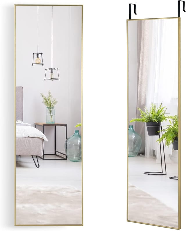 Costway - Miroir Mural-miroir À Suspendre Sur Porte, 120 X 37 Cm, Miroir Pleine Longueur Cadre En Alliage D'Aluminium Avec Crochets De Suspension Réglables, Or