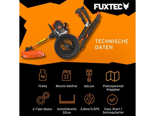 Benzin Motorsense auf Rädern FX-FSR162 mit 62 cc - große Lufträder & 3,5 ps Leistung – 2-Takt Rasentrimmer/Trimmer, Freischneider mit Faden - Fuxtec