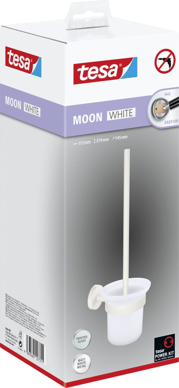 Moon white WC-Garnitur, Set mit Halter & WC-Bürste, matt weiß, satiniertes Glas - für Bäder im Industrial Style und moderne Badezimmer - bohrfrei,
