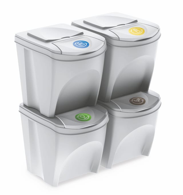 Spetebo - Sortibox Mülleimer mit Deckel 4er Set - 25 l / weiß - Müll Trennsystem Abfall Trenner stapelbar