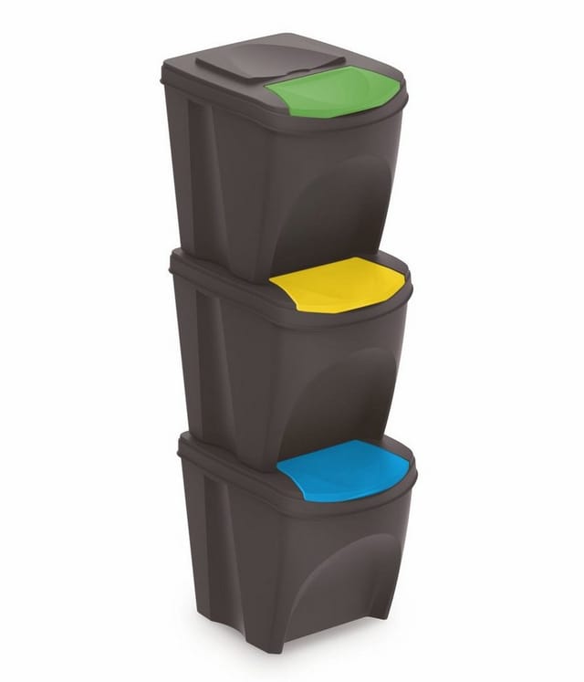Spetebo - Sortibox Mülleimer mit Deckel 3er Set - 25 l / anthrazit - Müll Trennsystem Abfall Trenner stapelbar