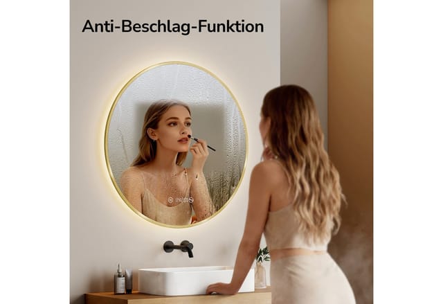 Led Badspiegel Rund Spiegel mit Beleuchtung ф60cm Gebürstetem Goldrahmen led Badezimmerspiegel mit Touch, Antibeschlage, Uhr, Temperatur, Dimmbar,