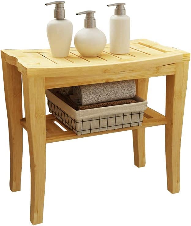 Badezimmerhocker mit 2 Ebenen Badezimmerhocker Duschhocker Badezimmerhocker Rutschfester Duschsitz für Badezimmer Bambus Grundfarbe - Teak - Soges