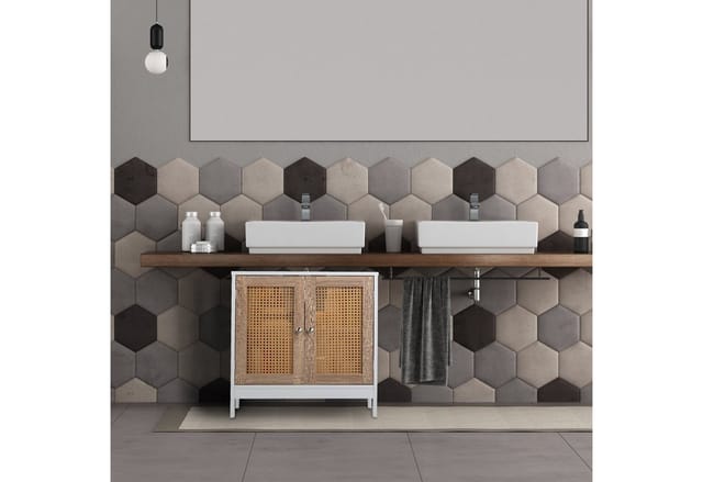 Waschbeckenunterschrank, 60 cm breit, 2 Fächer, Siphon-Aussparung, Rattan-Türen, Badunterschrank, weiß/ natur - Relaxdays