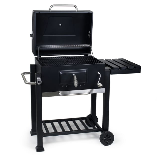 Bbq Holzkohle Grillwagen mit Deckel, Ablage und Feuerklappe, Höhenregulierung für Kohle, Thermometer
