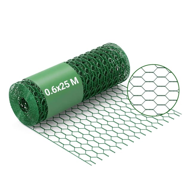 Maschendrahtzaun Grün 60 cm x 25 m, 0,9 mm Stärke 25x25 mm Maschengröße, Volierendraht 6-Eck aus Stahl verzinkt, Drahtgitter, Vogeldraht - Wiltec