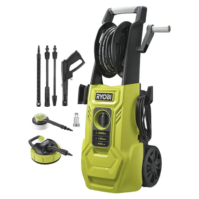 RYOBI - Hochdruckreiniger 2000 W 150 bar - 450 L - 8m Schlauch, 0,9L Tank + Vario- & Turbobesen und Bürste - RY150PWA