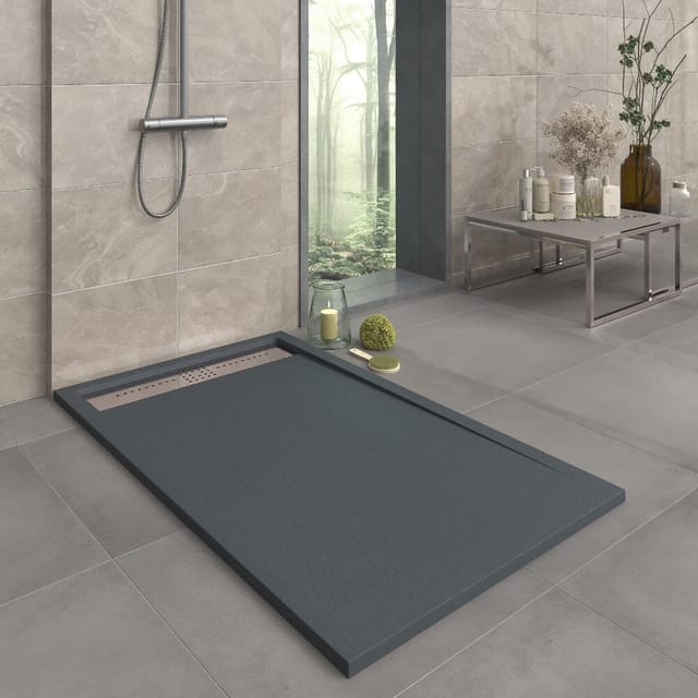 Mineralguss-Duschwanne extra flach ORION Schieferoptik Anthrazit 80x120 cm Ablaufschutz in Chrom