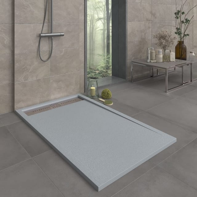 Mineralguss-Duschwanne extra flach ORION Schieferoptik Grau 80x120 cm Ablaufschutz in Chrom